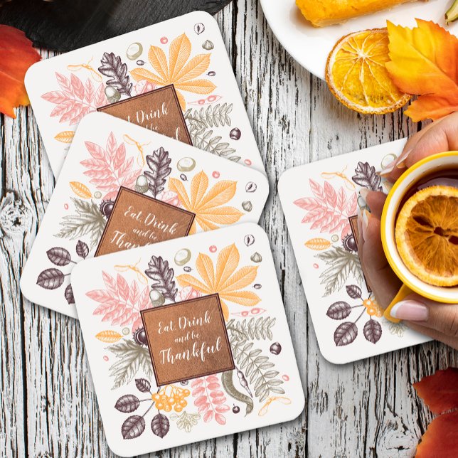Fall Autumn Thanksgiving Botanicals Square Paper Coaster (Creator Uploaded)