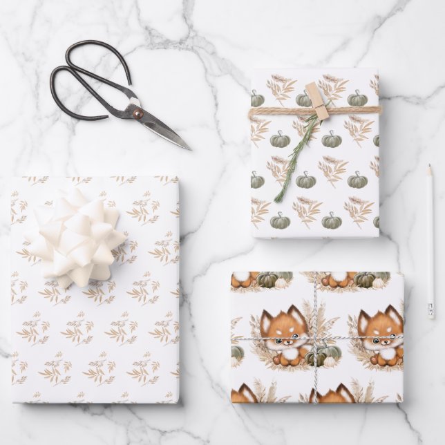 Fall Autumn Thanksgiving fox Wrapping Paper Sheets (Front)