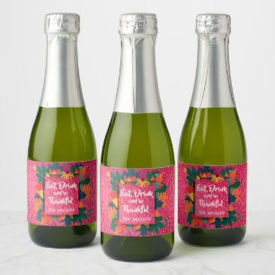 Fall Autumn Thanksgiving Leaves on Hot Pink Mini Sparkling Wine Label