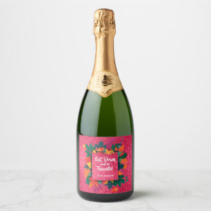 Fall Autumn Thanksgiving Leaves on Hot Pink Sparkling Wine Label