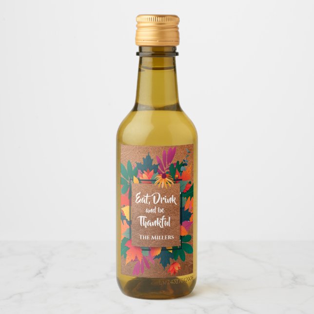 Fall Autumn Thanksgiving Leaves on Leather Wine Label (Front)