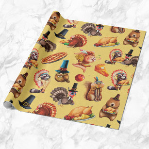 Fall Autumn Thanksgiving Turkey Animals Pie Wrapping Paper