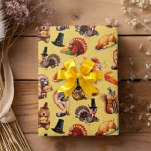 Fall Autumn Thanksgiving Turkey Animals Pie Wrapping Paper