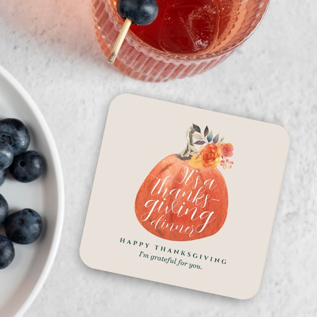 Fall Autumn Thanksgiving Watercolor Pumpkin Square Paper Coaster (Creator Uploaded)