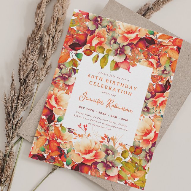 Fall Autumn Watercolor Floral 60th Birthday Party  Invitation (Fall Autumn Watercolor Floral 60th Birthday Party Invitation)