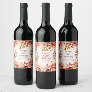 Fall Autumn Watercolor Floral 80th Happy Birthday  Wine Label