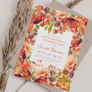 Fall Autumn Watercolor Floral 90th Birthday  Invitation
