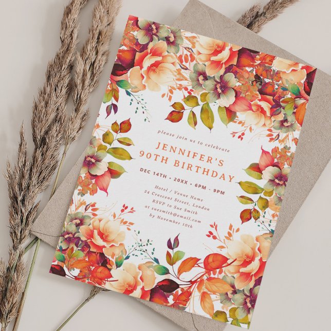 Fall Autumn Watercolor Floral 90th Birthday  Invitation (Fall Autumn Watercolor Floral 90th Birthday Invitation)