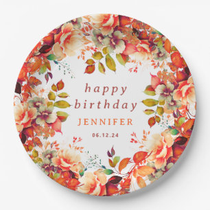Fall Autumn Watercolor Floral Any Age Birthday  Paper Plate