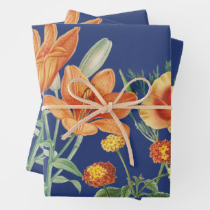 Fall Autumn Watercolor Orange Floral Blue Wrapping Paper Sheet