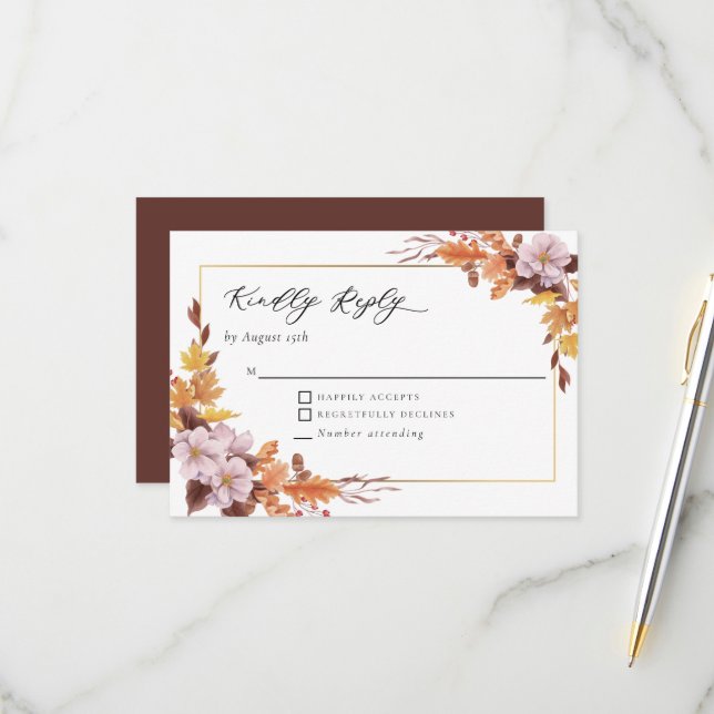 Fall Autumn Wedding Floral Kindly Reply Script RSVP Card (Front/Back In Situ)