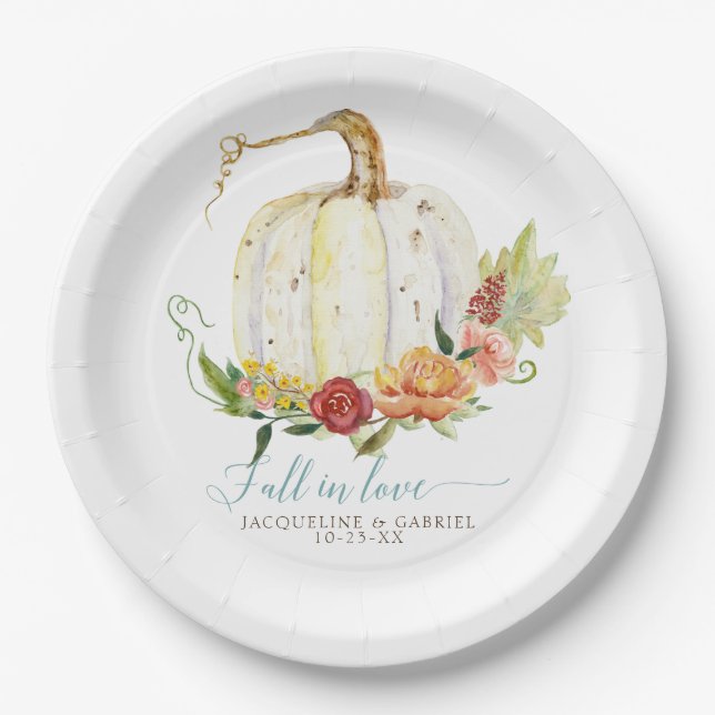 Fall Autumn Wedding White Pumpkin Red Floral Paper Plate (Front)