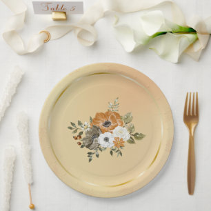 Fall Autumn White Rust Flowers Paper Plate
