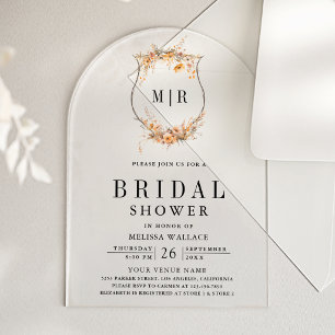 Fall Autumn Wildflower Crest Bridal Shower Acrylic Invitations