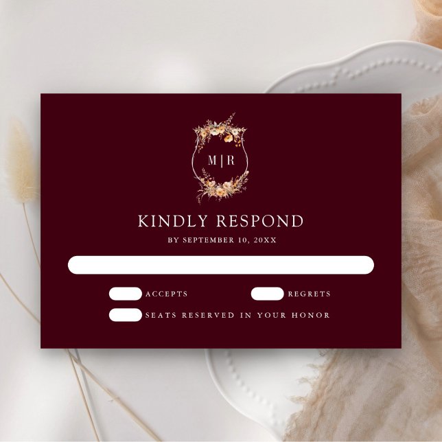 Fall Autumn Wildflower Crest Burgundy Wedding RSVP Card (Creator Uploaded)