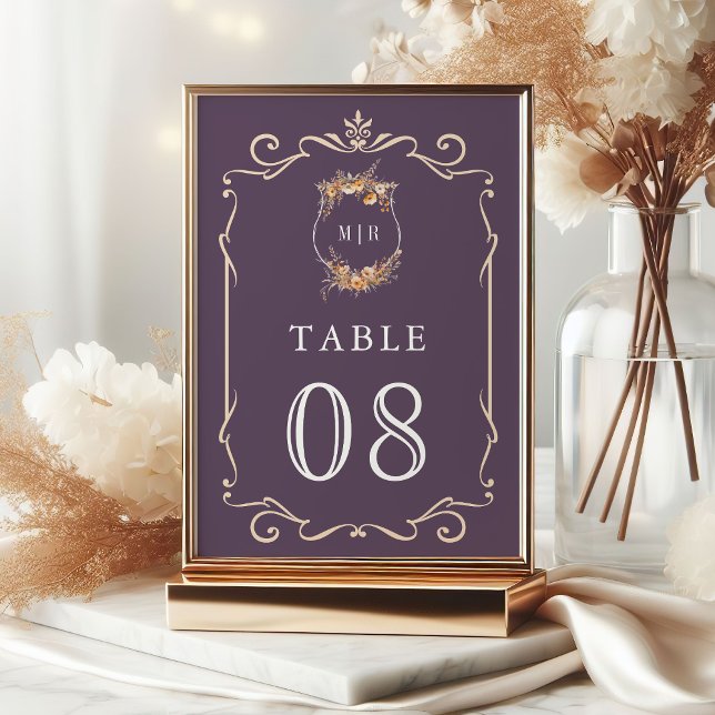 Fall Autumn Wildflower Crest Dusty Purple Wedding Table Number (Creator Uploaded)