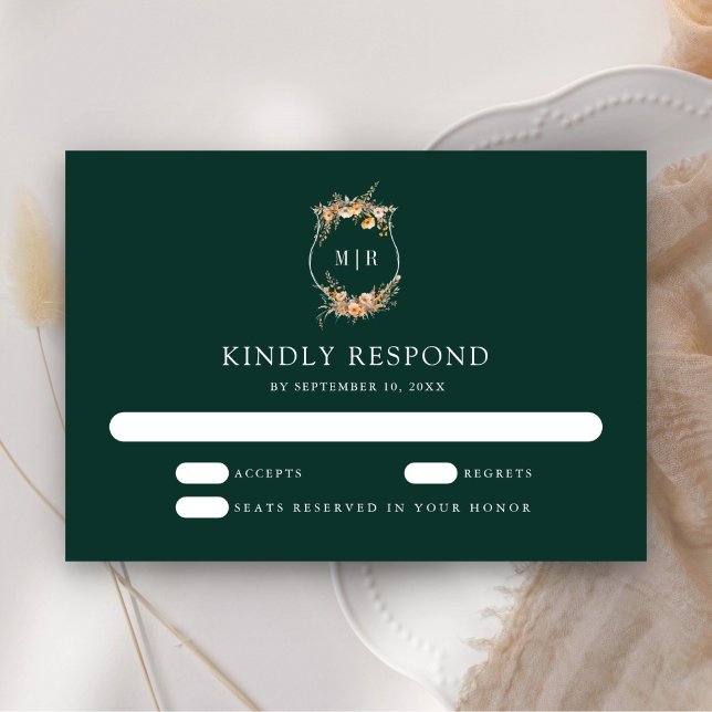 Fall Autumn Wildflower Crest Emerald Green Wedding RSVP Card (Creator Uploaded)