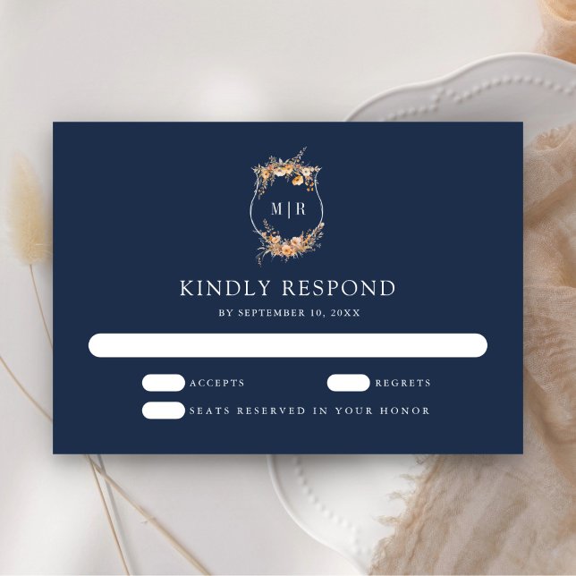 Fall Autumn Wildflower Crest Navy Blue Wedding RSVP Card (Creator Uploaded)