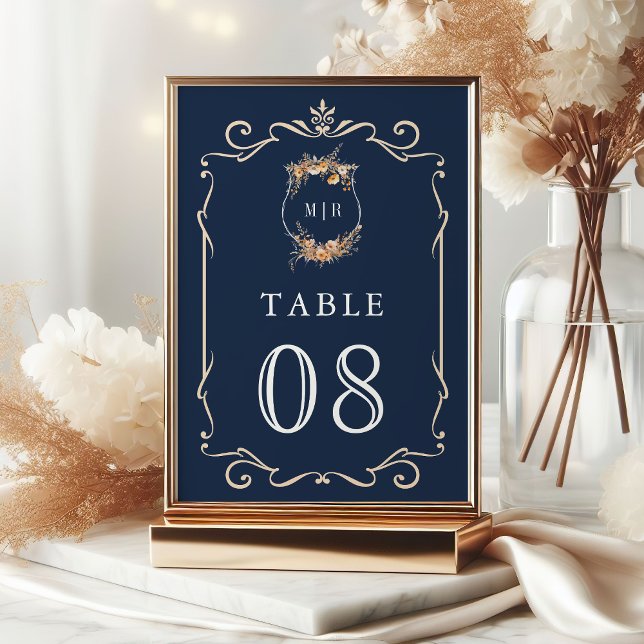 Fall Autumn Wildflower Crest Navy Blue Wedding Table Number (Creator Uploaded)