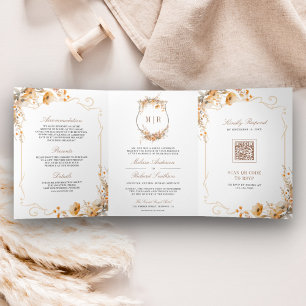 Fall Autumn Wildflower Crest QR Code Wedding Tri-Fold Invitation