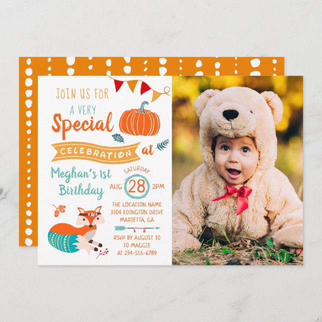 Fall Autumn Woodland Fox Pumpkin Photo Birthday Invitation (Front/Back)
