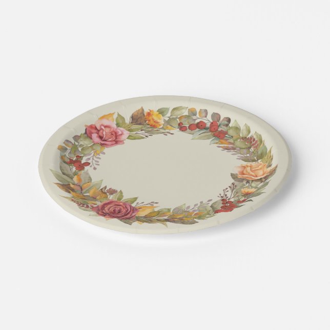 Fall/Autumnal Floral Wreath Thanksgiving Paper Plate (Angled)