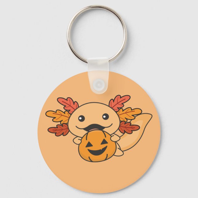 Fall Axolotl With Fall Leaves Pumpkin Fall Key Ring (Front)