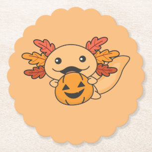 Fall Axolotl With Fall Leaves Pumpkin Fall Paper Coaster
