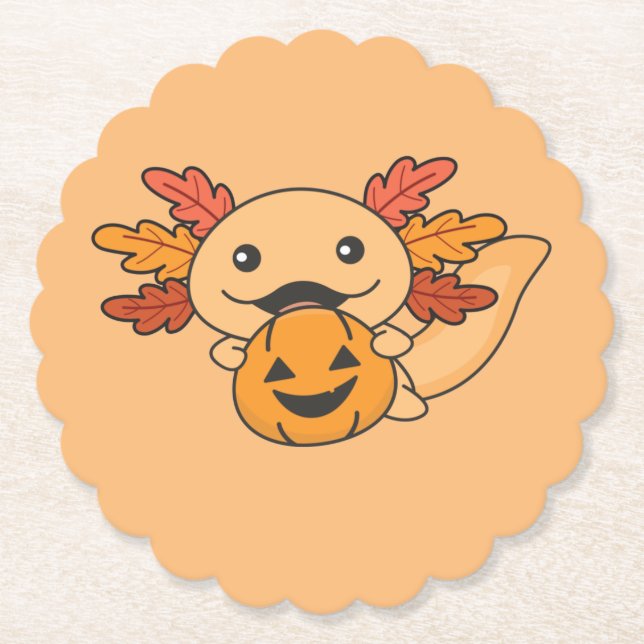 Fall Axolotl With Fall Leaves Pumpkin Fall Paper Coaster (Front)