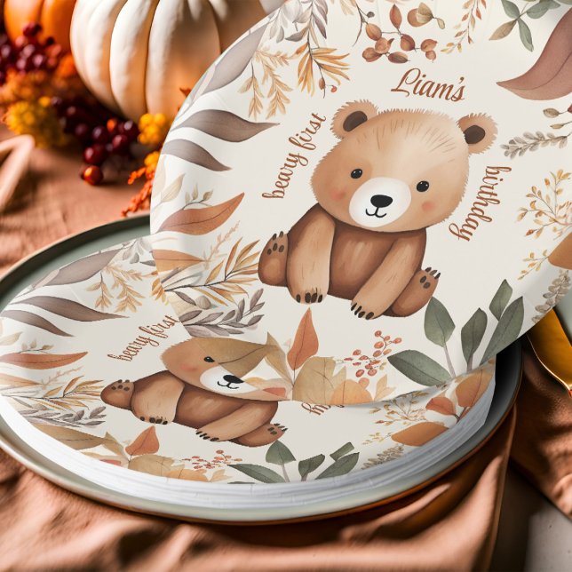 Fall Baby Bear One Year Old Birthday Beary First Paper Plate (Cute Fall baby bear first birthday party paper plates)
