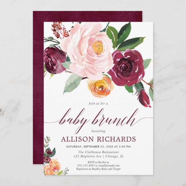 Fall baby brunch, girl baby shower pink burgundy invitation (Front/Back)