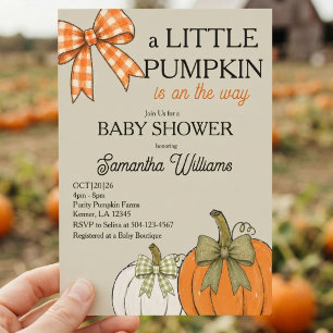 Fall Baby Shower Cream Orange Sage Pumpkin Gingham Invitation