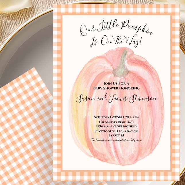Fall Baby Shower Invitation Little Pumpkin Gingham (Creator Uploaded)