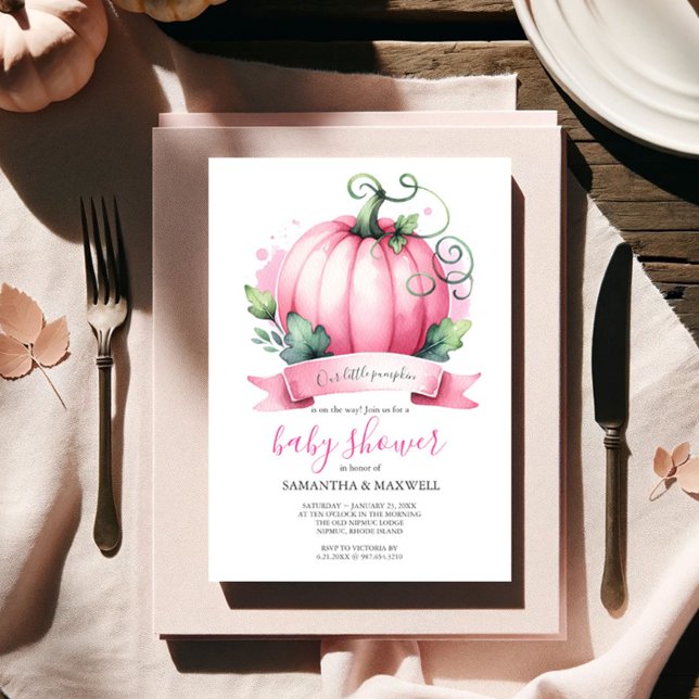 Fall Baby Shower Invitations Little Pumpkin Girl (Fall baby shower invitations watercolor pink pumpkin theme for a girl event Victoria Grigaliunas)