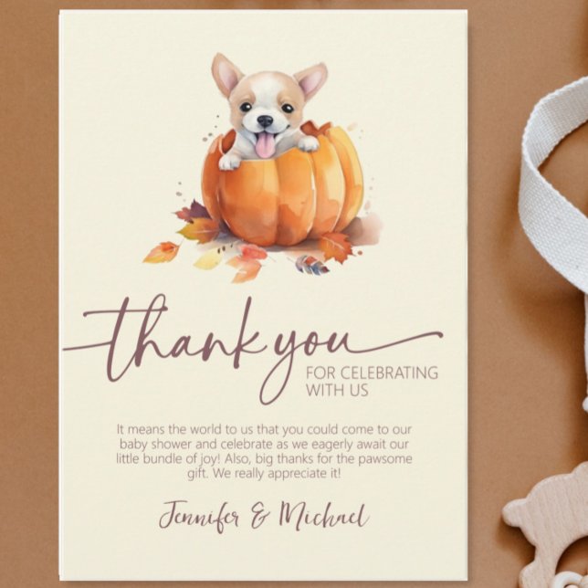 Fall Baby Shower Pumpkin Flat Thank You Card (Cute Fall Baby Shower Little Pumpkin Puppy Flat Thank You Card)