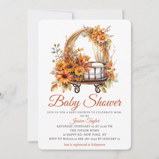 Fall Basinet Sunflowers Newborn Girl Baby Shower Invitation (Front)