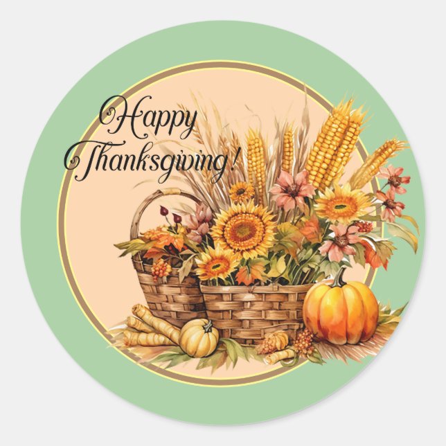 Fall Basket, Flowers, Pumpkins, Maize Thanksgiving Classic Round Sticker (Front)