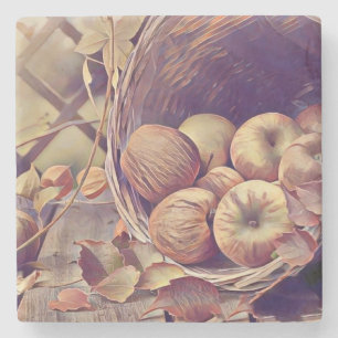 Fall basket of apples fruits watercolor vintage stone coaster