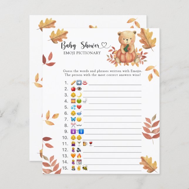 Fall Bear - baby shower emoji pictionary (Front/Back)