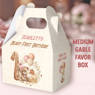 Fall Bear Girl 1st Birthday Medium Gable Favour Box