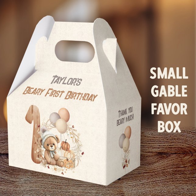 Fall Bear Pumpkin Boy 1st Birthday Gable Favour Box (Fall Bear Girl Small Gable Favor Boxes - You can choose from 3 sizes of these gable favor boxes)