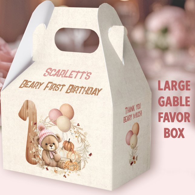 Fall Bear Pumpkin Girl 1st Birthday Large Gable Favour Box (Fall Bear Girl Large Gable Favor Boxes - You can choose from 3 sizes of these gable favor boxes)