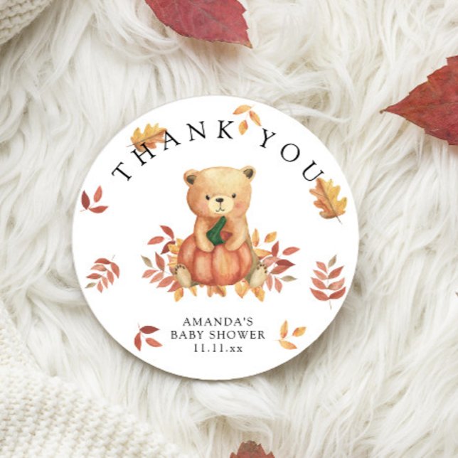 Fall Bear with pumpkin - thank you Classic Round Sticker (Creator Uploaded)