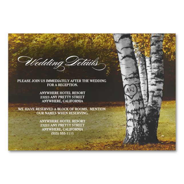 Fall Birch Tree Wedding Reception + Hotel Cards (Front)