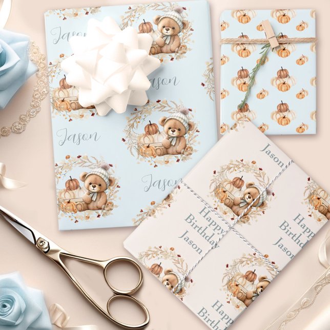 Fall Birthday Boy Cute Bear Pumpkins Blue Beige Wrapping Paper Sheet (Fall Birthday Boy Cute Bear Pumpkins Blue Beige Wrapping Paper Sheets)