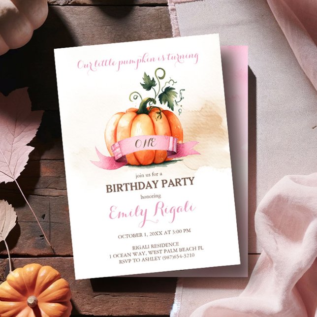 Fall Birthday Party Invitation - Pink & Orange (Little pumpkin first birthday invitations cute watercolor pink and orange fall theme)