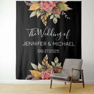 Fall Black Autumn Boho Rustic Floral Wedding Tapestry