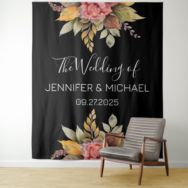 Fall Black Autumn Boho Rustic Floral Wedding Tapestry (In Situ)