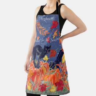 Fall Black Cat Leaves Pumpkin Custom Halloween Apron