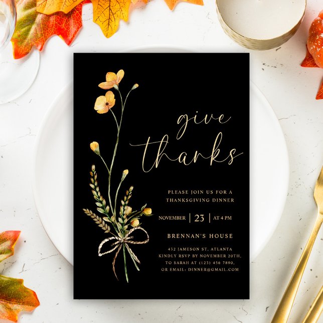 Fall Black Floral Thanksgiving Dinner Invitation (Black Wildflower Thanksgiving Dinner Invitation)
